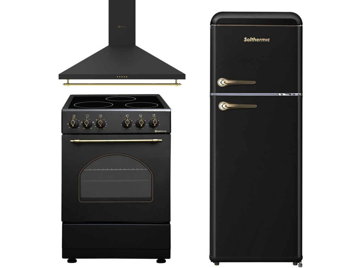Pack Combinado Solthermic® Cocina Vtc Rustic Black 50x50 Campana Extractora Rustic Black 60 Frigorífico Retro 1,47 Negro