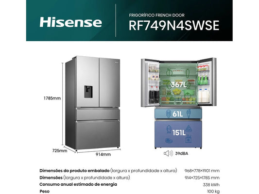 Frigorífico Americano HISENSE RF749N4SWSE (No Frost - 178.5 cm - 579 L - Inox)
