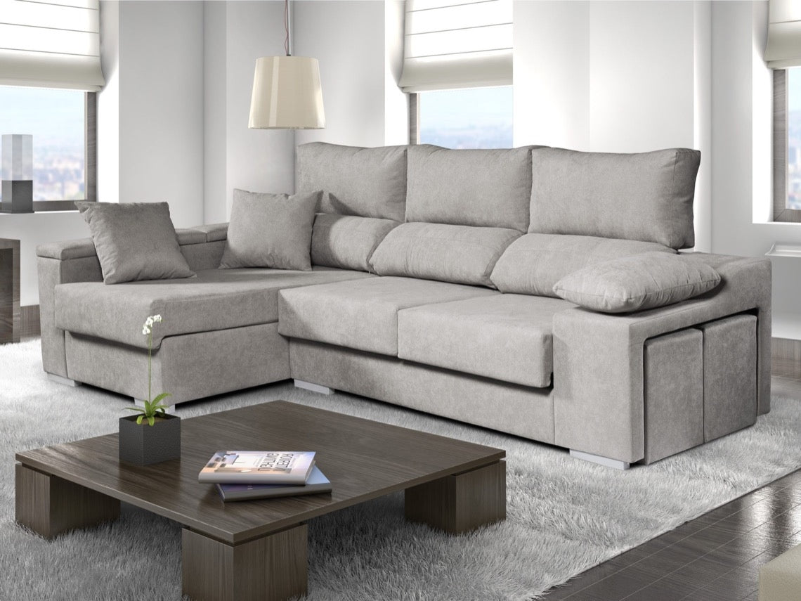 Chaise-longue Rubí em Tecido, Lado Esquerdo, Cor Cinza, 3 Lugares, 265x145x102