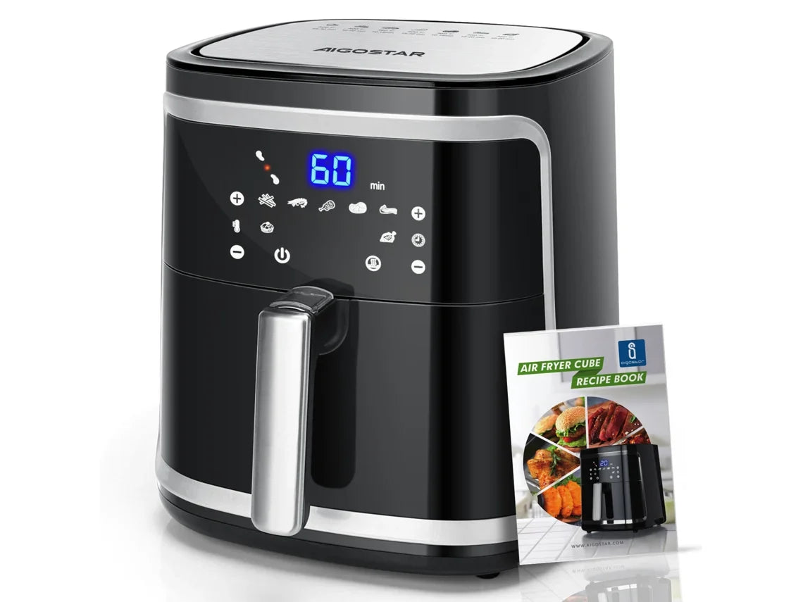 Fritadeira sem Óleo AIGOSTAR Cube ( 7L - 1900W | Livro de Receitas Incluído | Painel LED tátil | Cesto de Fritura Removível | 7 Menus Programados + Manter Quente)