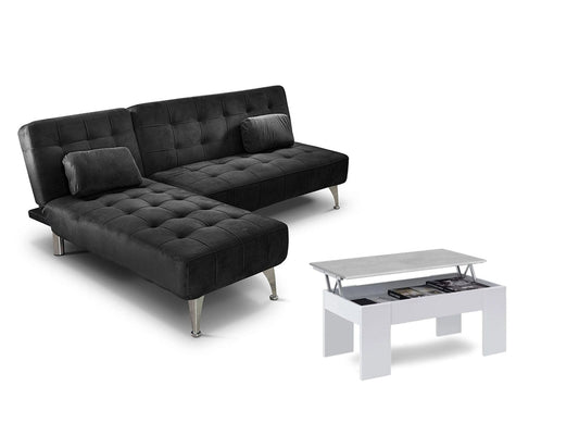 Sofá-Cama Chaise Longue XS Preto Mesa de Centro Branca