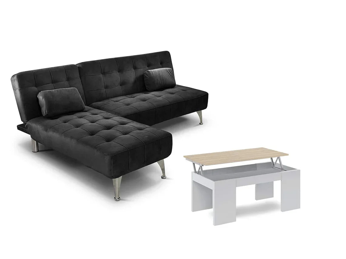 Sofá-Cama Chaise Longue XS Preto Mesa de Centro Branca