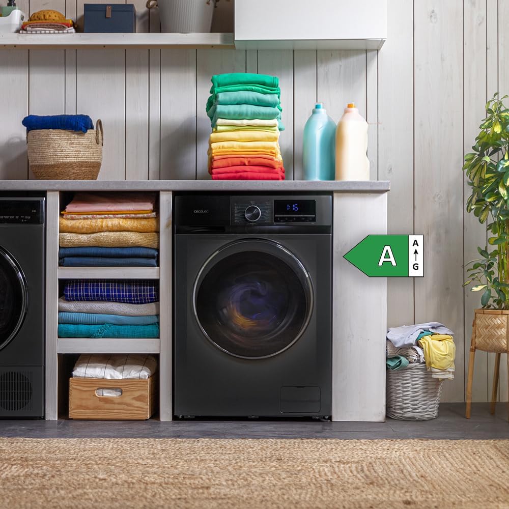 Cecotec Lavadora 10Kg Carga Frontal Bolero Dresscode 10500 Inverter Steel A, 1950W, 1400 rpm, Motor Inverter Plus, Bajo Consumo, 16 Programas, Lavado a Vapor, Inicio Diferido, Acero [Clase energética A]