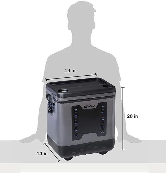 Geleira com rodas Evolution Outdoor, isolada e à prova de vazamentos, EVO Premium, com tampa moldada em ABS, 8 presilhas para acessórios e alça retrátil de 4 níveis.