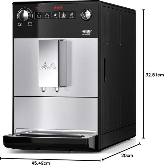 Melitta Purista Plateado, Máquina de Café en Grano con Molinillo y Sistema de Extracción de Aromas, Silenciosa, Modo 1 a 2 Tazas, Cafetera Espresso 1L, Automática, F230-101.