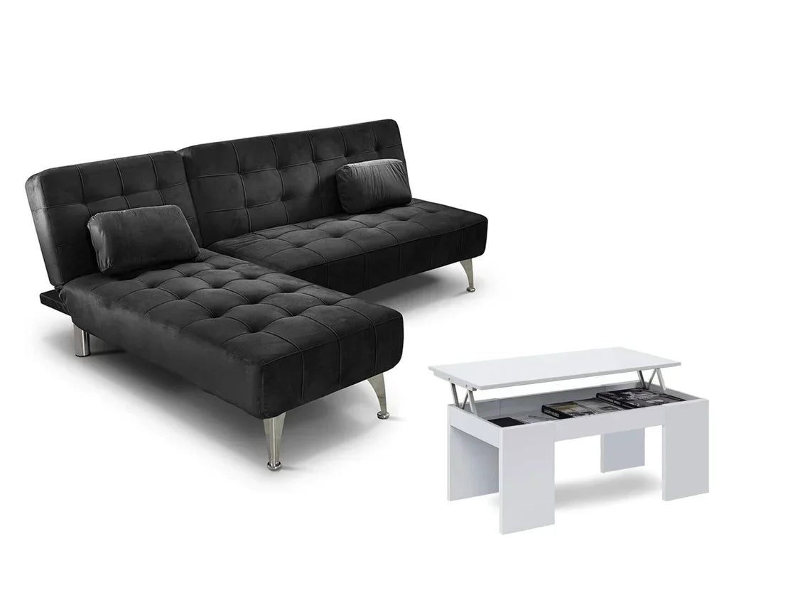 Sofá-Cama Chaise Longue XS Preto Mesa de Centro Branca