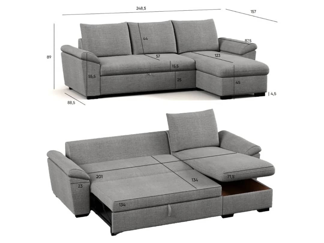 Sofá Cama 3 Lugares BUDWING Lorenzo Cinzento + Chaise c/Arrumação + Braços Curvos (248,5 x 157 x 89 cm - Reversível Lado Direito/Esquerdo)