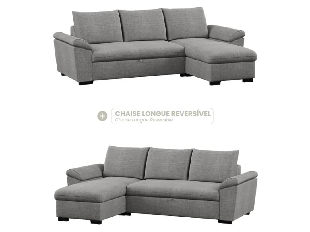 Sofá Cama 3 Lugares BUDWING Lorenzo Cinzento + Chaise c/Arrumação + Braços Curvos (248,5 x 157 x 89 cm - Reversível Lado Direito/Esquerdo)