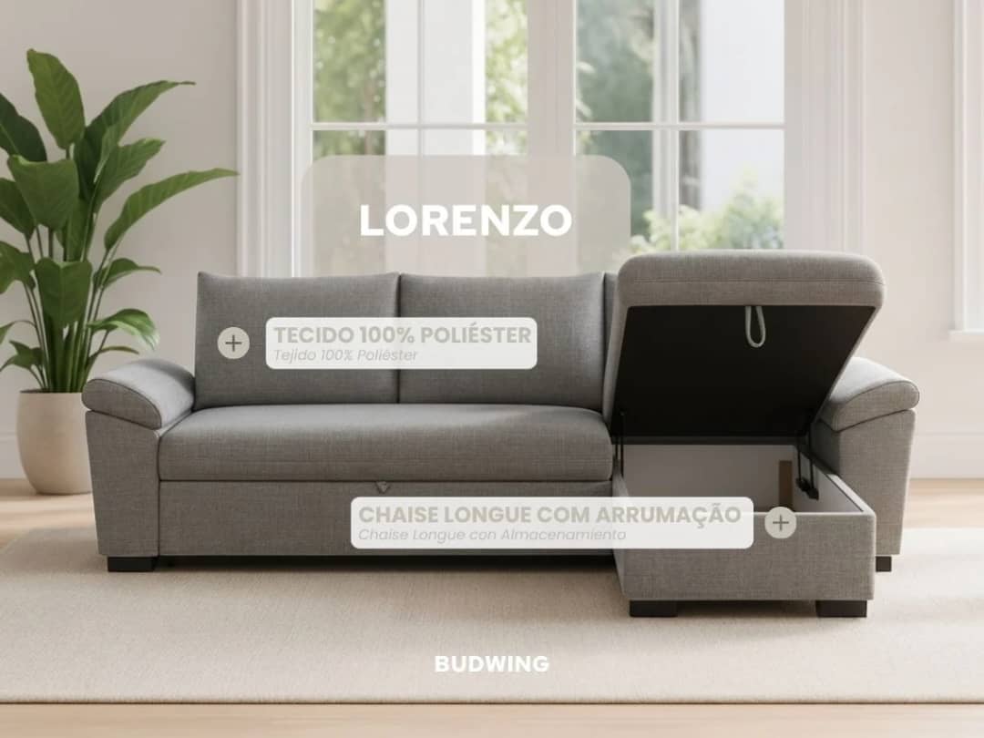 Sofá Cama 3 Lugares BUDWING Lorenzo Cinzento + Chaise c/Arrumação + Braços Curvos (248,5 x 157 x 89 cm - Reversível Lado Direito/Esquerdo)
