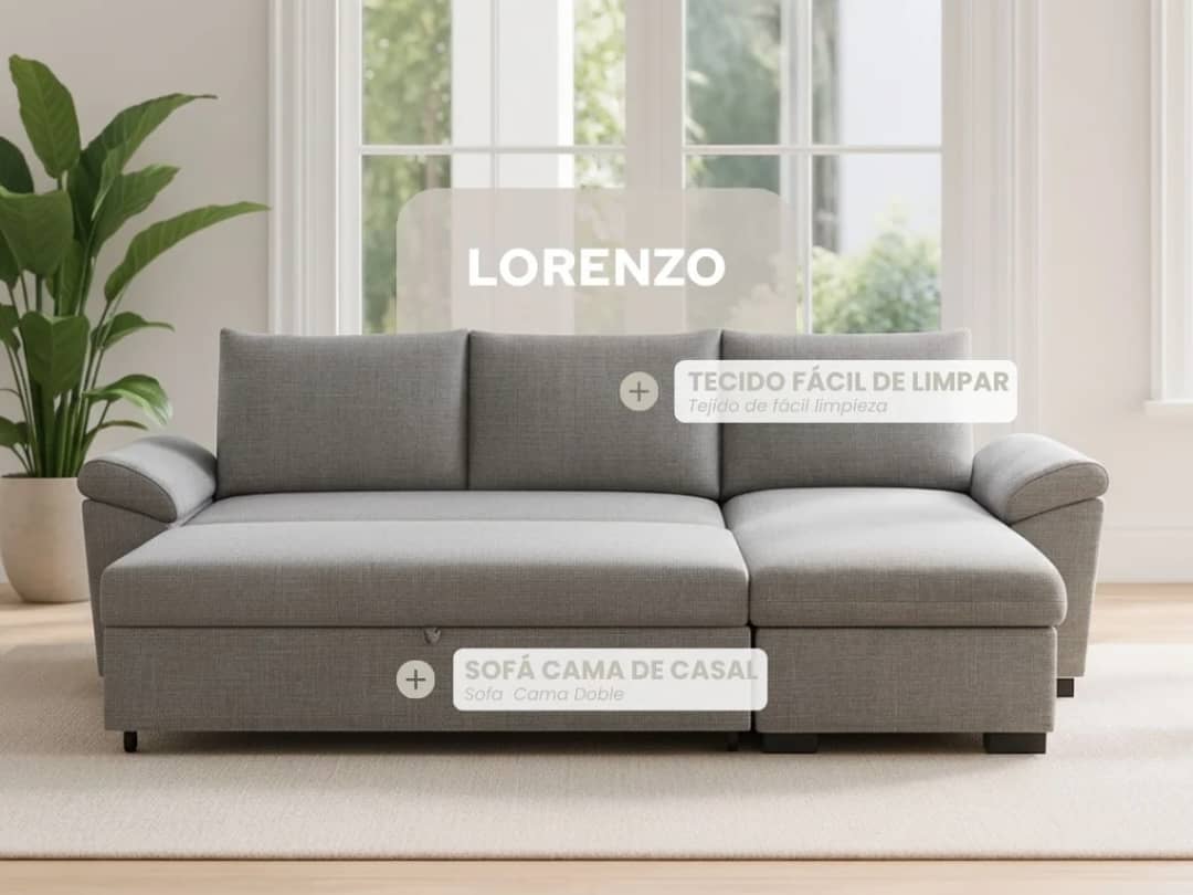 Sofá Cama 3 Lugares BUDWING Lorenzo Cinzento + Chaise c/Arrumação + Braços Curvos (248,5 x 157 x 89 cm - Reversível Lado Direito/Esquerdo)