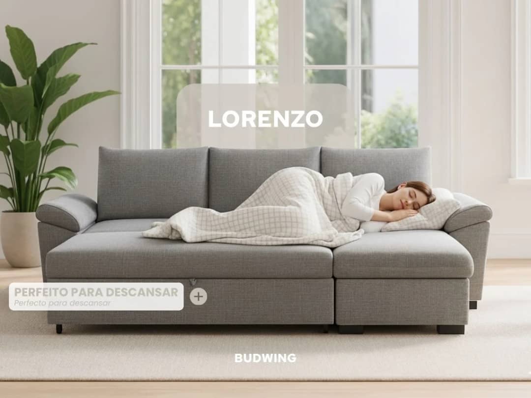 Sofá Cama 3 Lugares BUDWING Lorenzo Cinzento + Chaise c/Arrumação + Braços Curvos (248,5 x 157 x 89 cm - Reversível Lado Direito/Esquerdo)