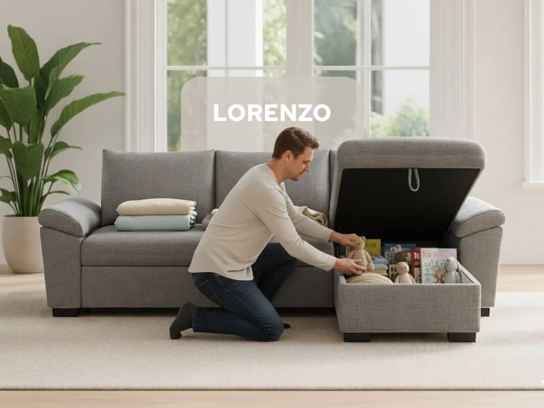 Sofá Cama 3 Lugares BUDWING Lorenzo Cinzento + Chaise c/Arrumação + Braços Curvos (248,5 x 157 x 89 cm - Reversível Lado Direito/Esquerdo)