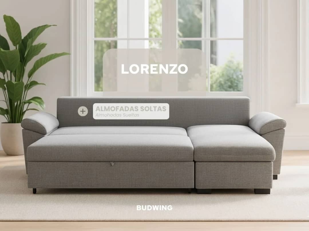 Sofá Cama 3 Lugares BUDWING Lorenzo Cinzento + Chaise c/Arrumação + Braços Curvos (248,5 x 157 x 89 cm - Reversível Lado Direito/Esquerdo)