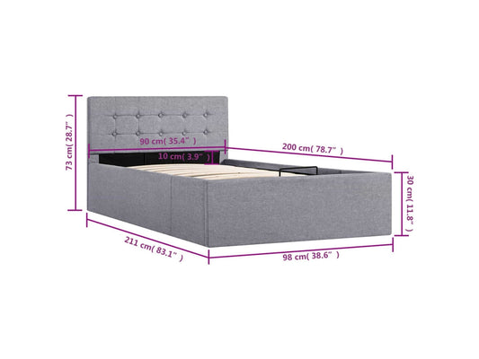vidaXL Cama com arrumação hidráulica 90x200 cm tecido cinzento-claro