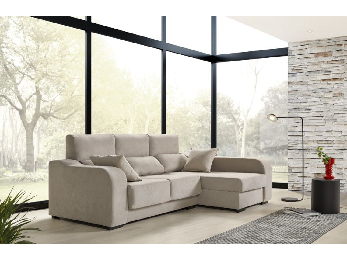 Chaise-longue Zafiro 3 Lugares, Tecido Liso, Cor Bege