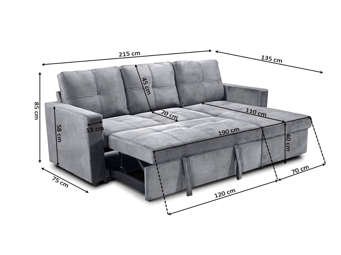 Canapé-Cama Chaise Longue Pau 215cm Preto (215 x 85 x 135 cm)