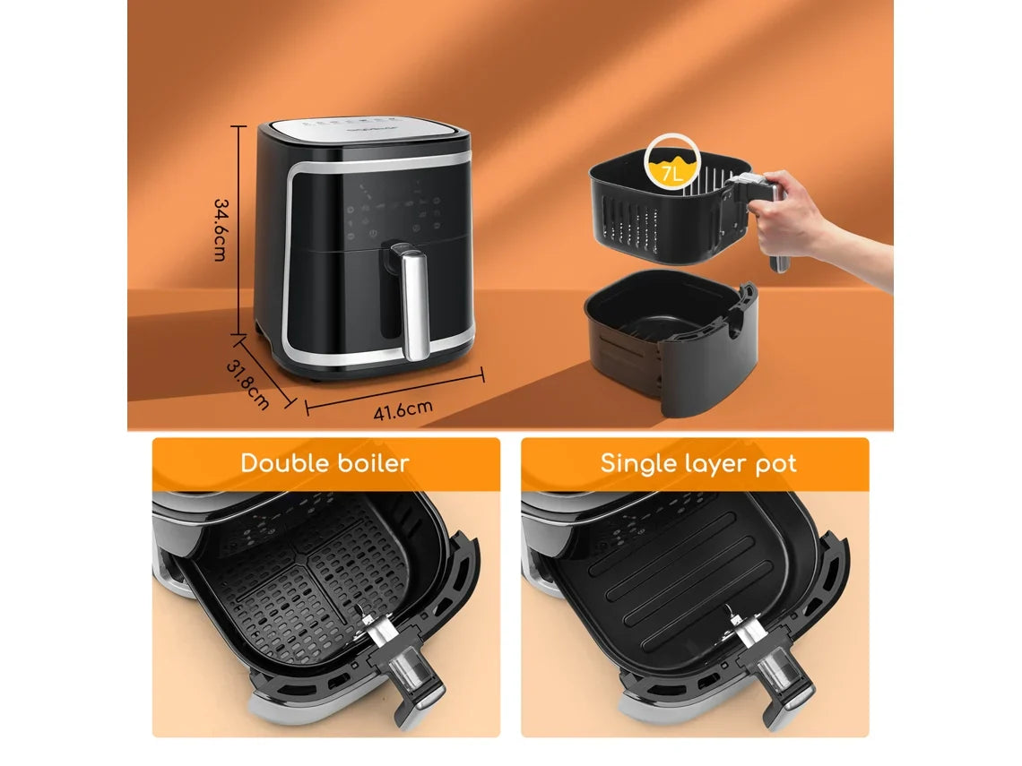 Fritadeira sem Óleo AIGOSTAR Cube ( 7L - 1900W | Livro de Receitas Incluído | Painel LED tátil | Cesto de Fritura Removível | 7 Menus Programados + Manter Quente)