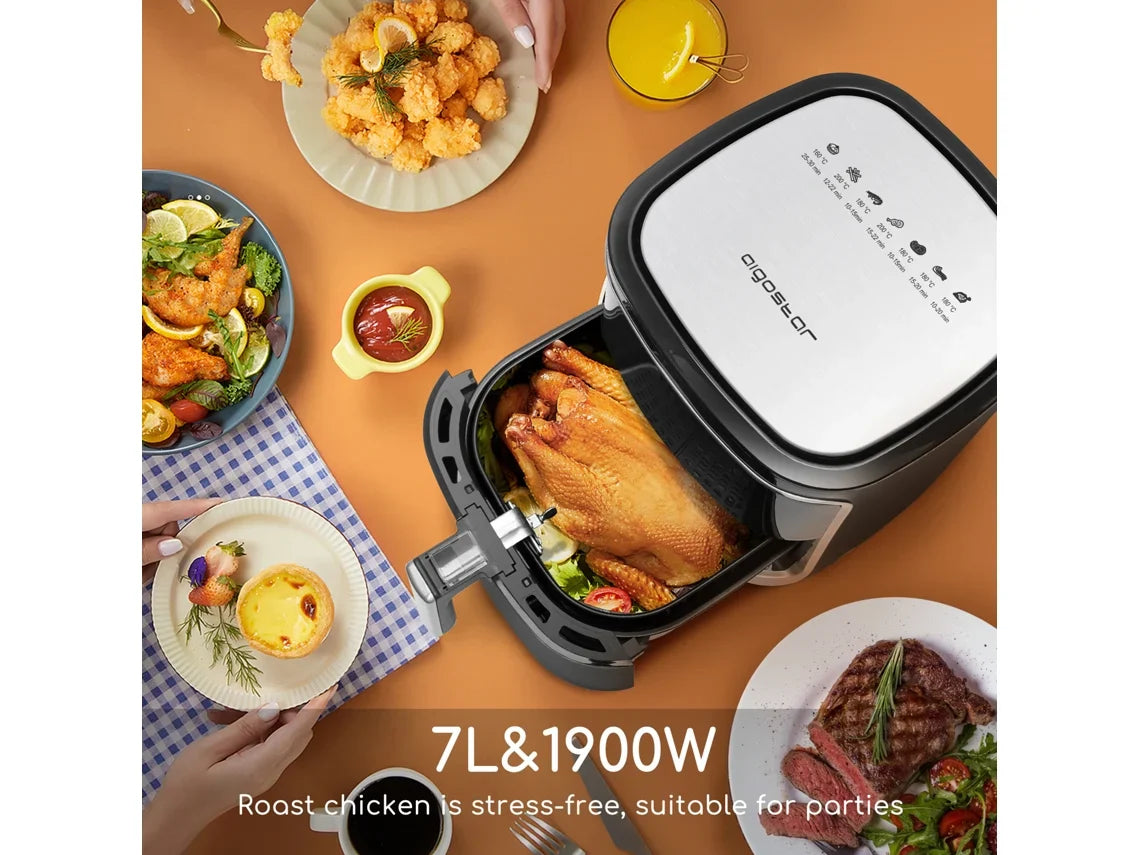 Fritadeira sem Óleo AIGOSTAR Cube ( 7L - 1900W | Livro de Receitas Incluído | Painel LED tátil | Cesto de Fritura Removível | 7 Menus Programados + Manter Quente)