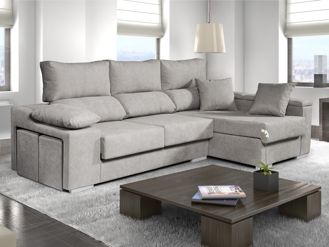 Chaise longue Rubí em tecido, lado direito, cor cinza, 3 lugares, 265x145x102.