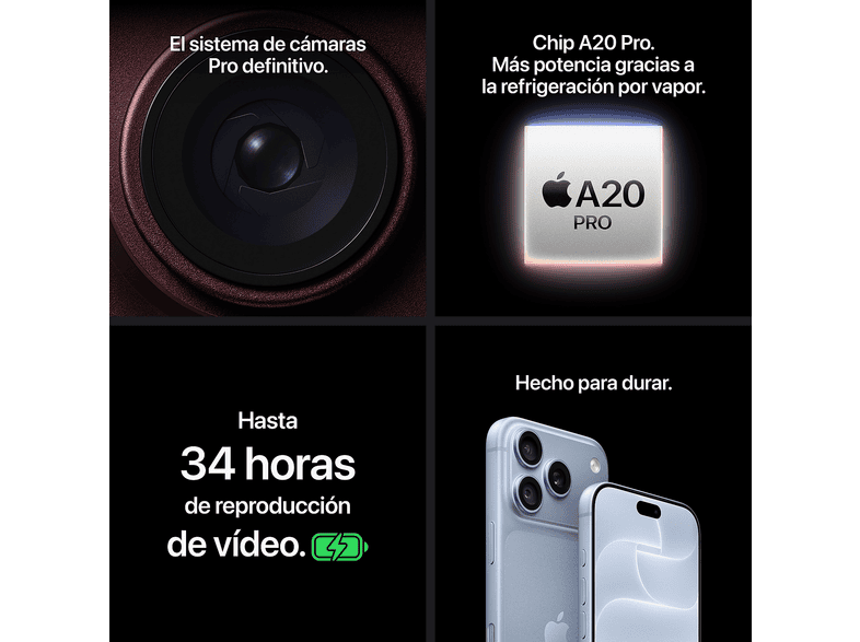 Apple iPhone 18 Pro, Azul glacial, 1 TB, 6.3" OLED Super Retina XDR, 5G, Chip A20 Pro, Siri AI, iOS