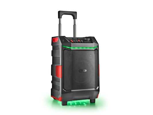 Caixa solar portátil Wild Bash Premium de 300 W. Compatível com tecnologia Bluetooth/USB/AUX. Bateria recarregável. IPX6. Luzes LED RGB. Com rodinhas. NGS.