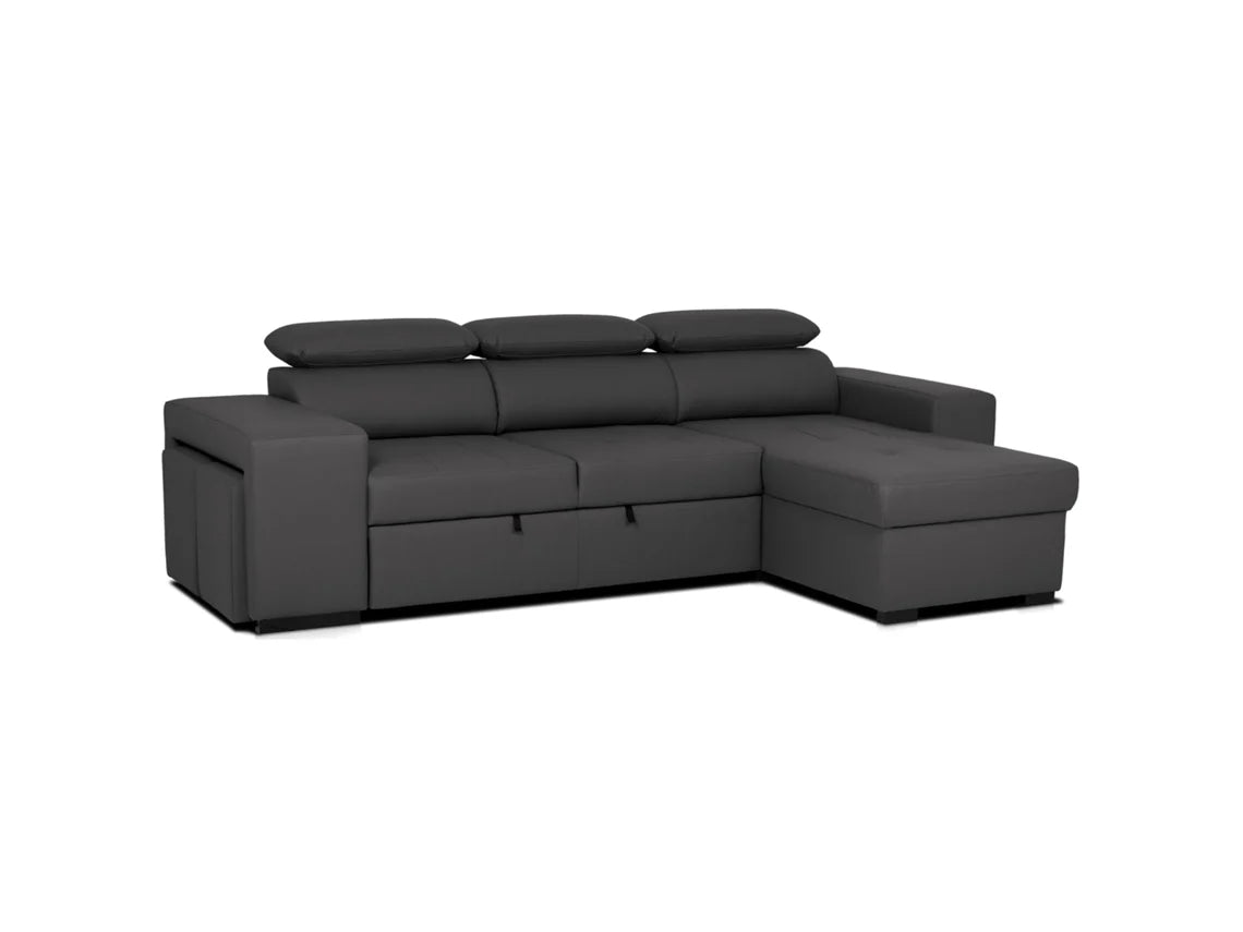 Sofá Cama 3 Lugares BUDWING John Preto + Chaise Longue + Cabeceira Ajustável + 2 Pufes (263 x 127 x 96 cm - Reversível Lado Direito/Esquerdo)
