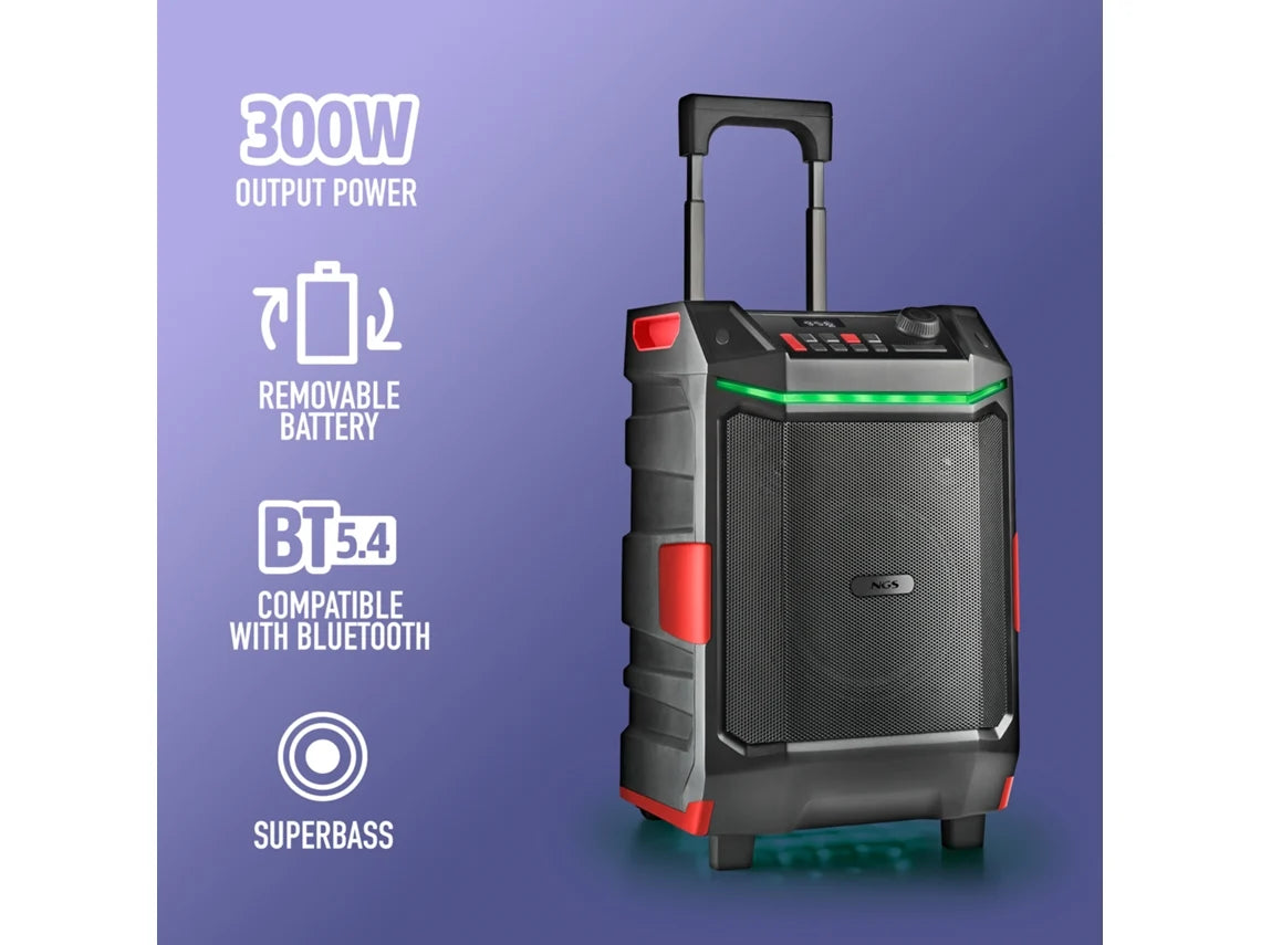 Caixa solar portátil Wild Bash Premium de 300 W. Compatível com tecnologia Bluetooth/USB/AUX. Bateria recarregável. IPX6. Luzes LED RGB. Com rodinhas. NGS.