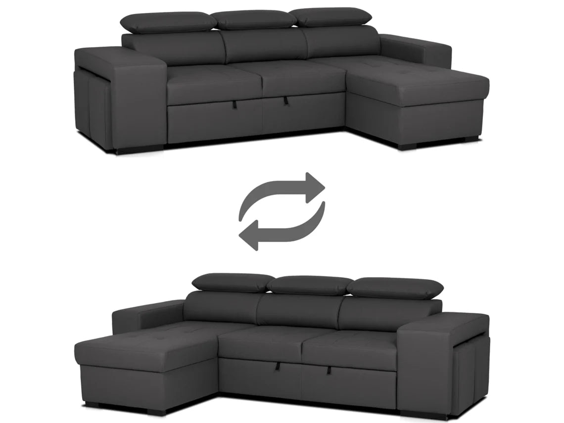 Sofá Cama 3 Lugares BUDWING John Preto + Chaise Longue + Cabeceira Ajustável + 2 Pufes (263 x 127 x 96 cm - Reversível Lado Direito/Esquerdo)