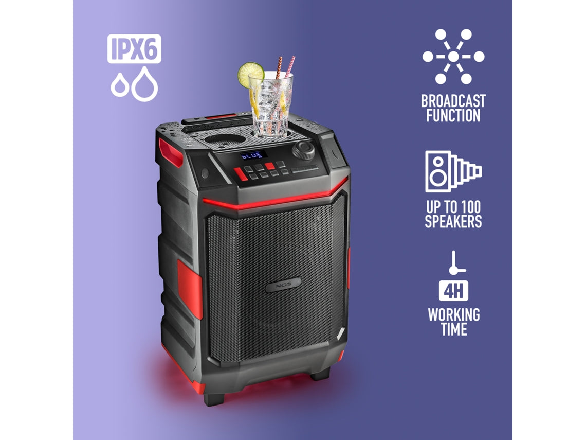 Caixa solar portátil Wild Bash Premium de 300 W. Compatível com tecnologia Bluetooth/USB/AUX. Bateria recarregável. IPX6. Luzes LED RGB. Com rodinhas. NGS.