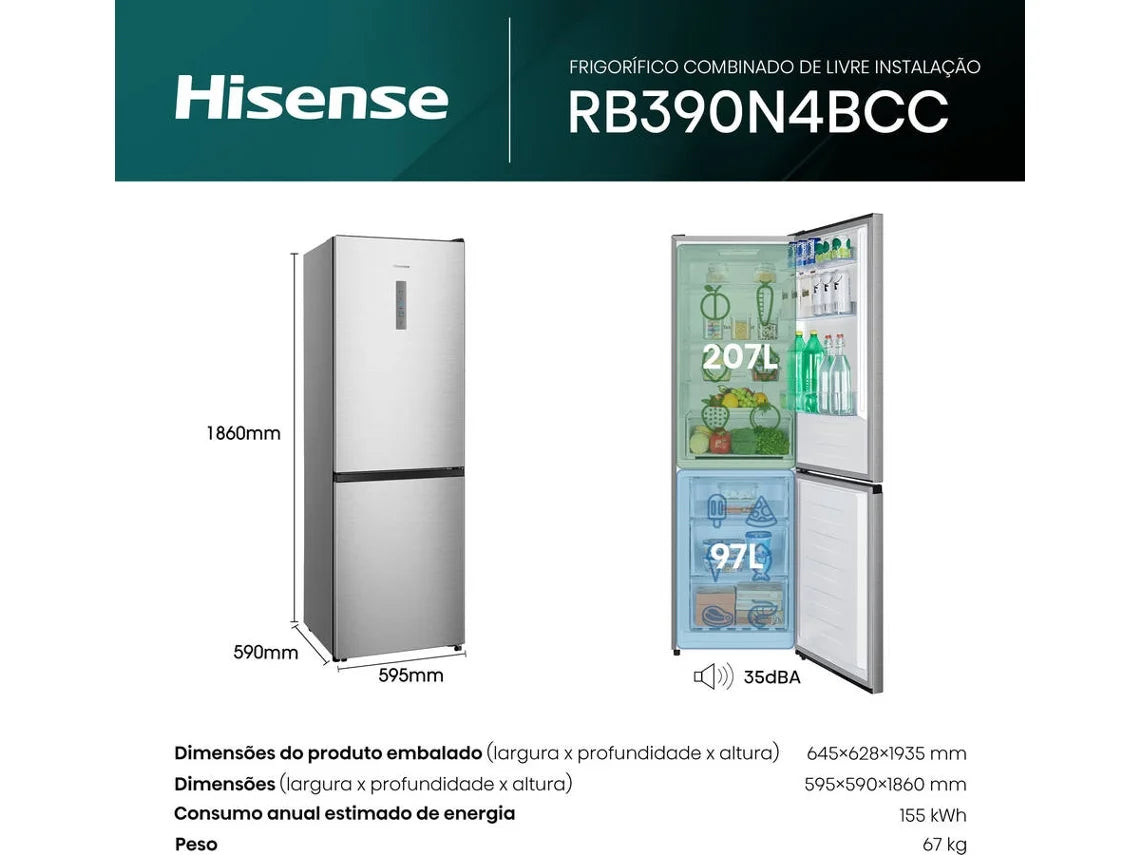 Frigorífico Combinado HISENSE RB390N4BCC (No Frost - 186 cm - 304 L - Inox)