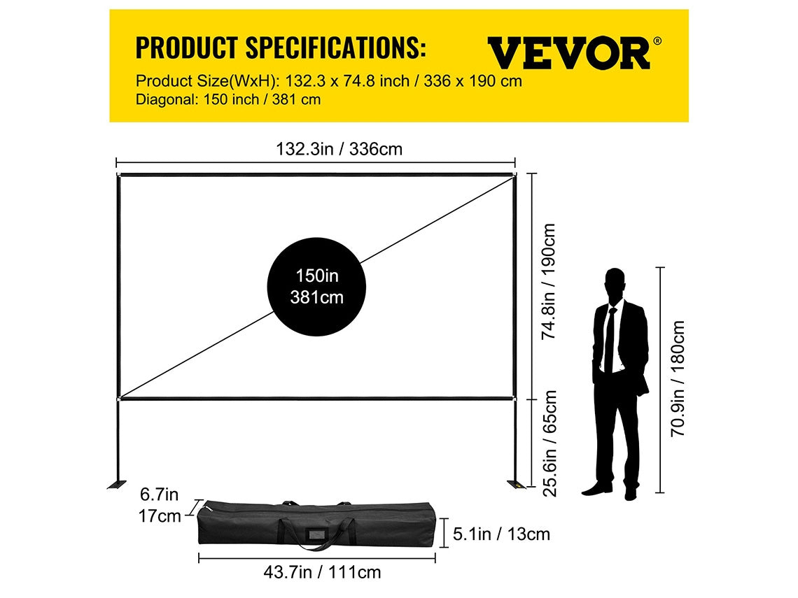 Tela do projetor VEVOR 150'' diagonal tecido Oxford + alumínio + aço