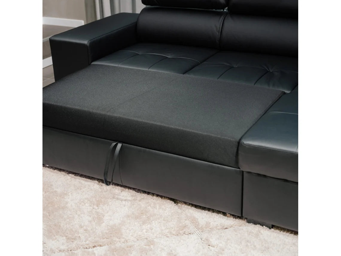 Sofá Cama 3 Lugares BUDWING John Preto + Chaise Longue + Cabeceira Ajustável + 2 Pufes (263 x 127 x 96 cm - Reversível Lado Direito/Esquerdo)
