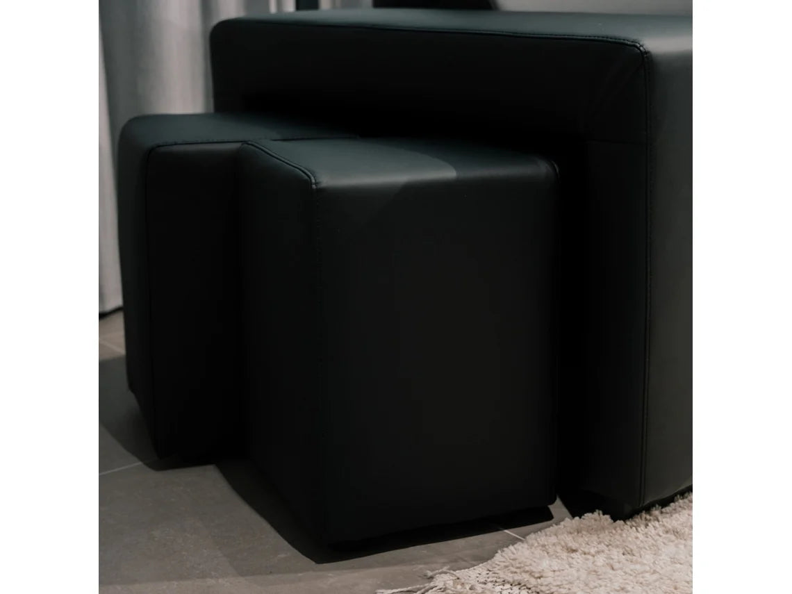 Sofá Cama 3 Lugares BUDWING John Preto + Chaise Longue + Cabeceira Ajustável + 2 Pufes (263 x 127 x 96 cm - Reversível Lado Direito/Esquerdo)