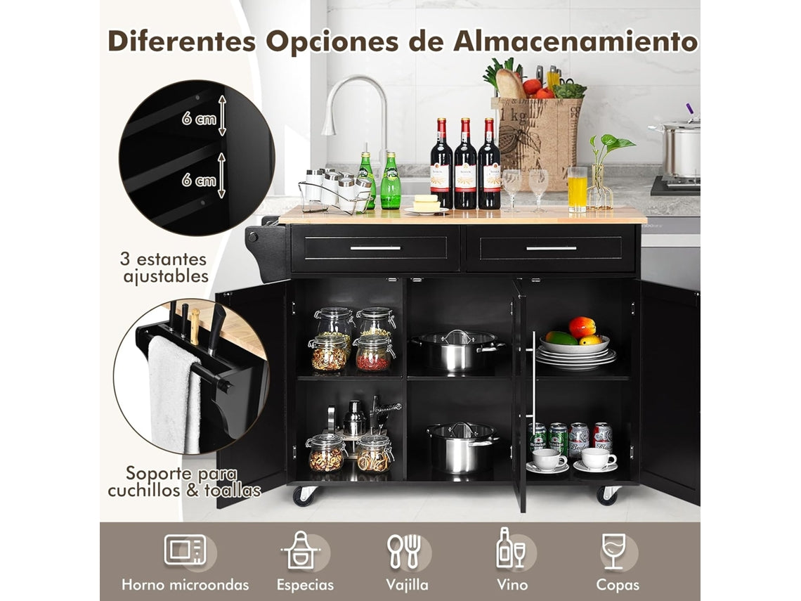 Carrinho de Cozinha com Gavetas e Porta Aparador com Rodas Carrinho de Serviço em Madeira Preto COSTWAY