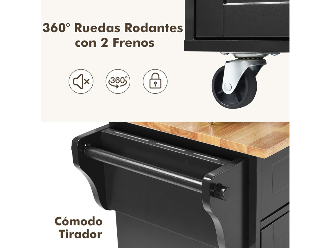 Carrinho de Cozinha com Gavetas e Porta Aparador com Rodas Carrinho de Serviço em Madeira Preto COSTWAY
