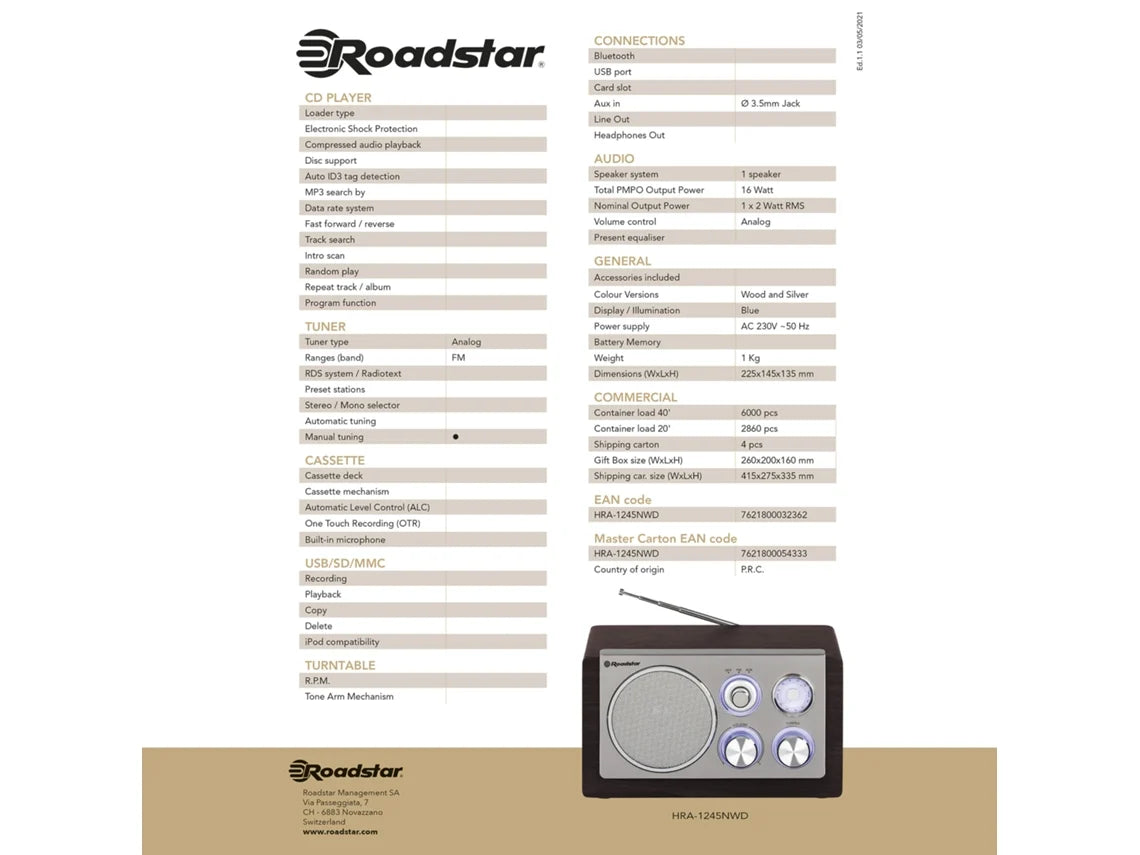 Rádio de Mesa Roadstar HRA-1245NWD