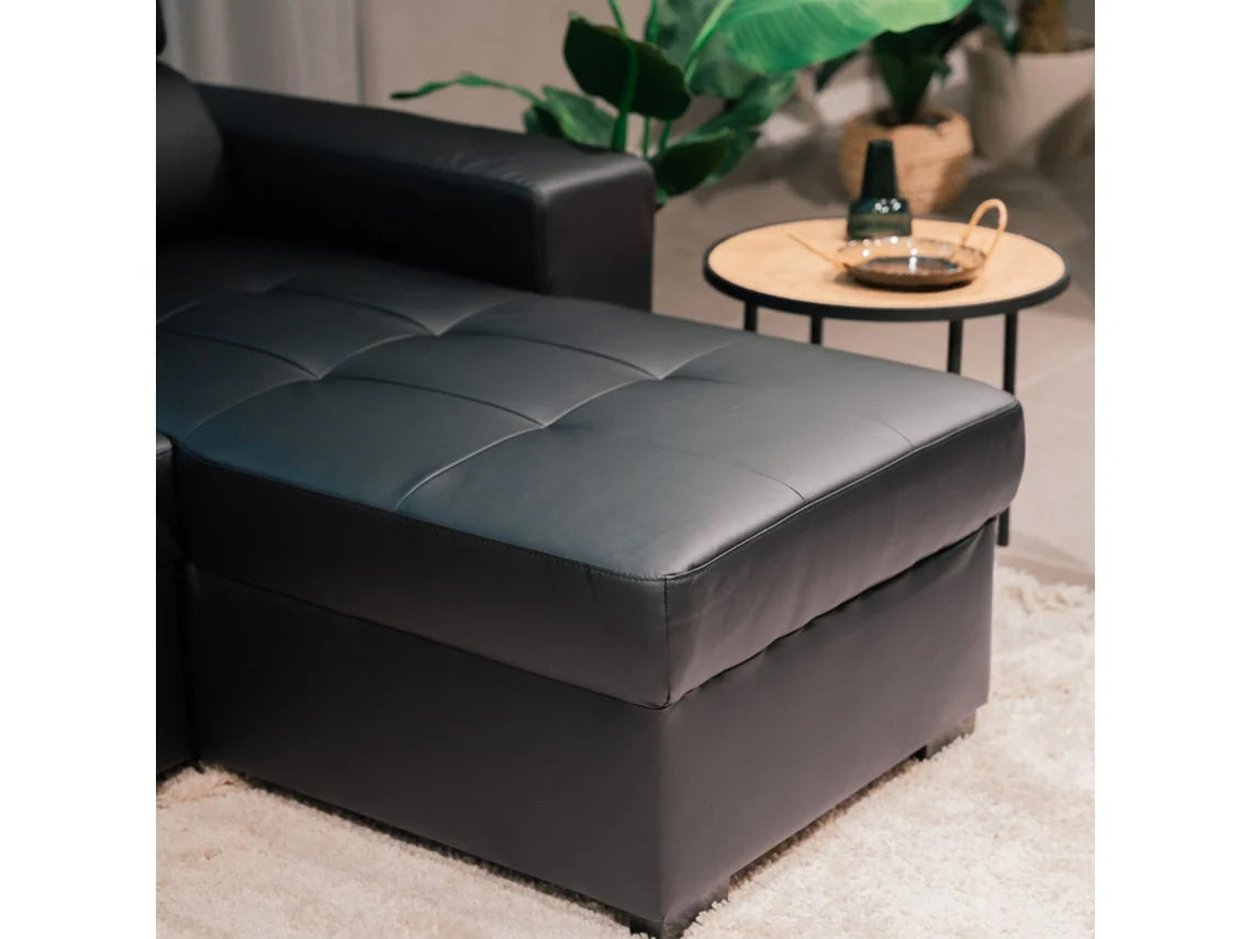 Sofá Cama 3 Lugares BUDWING John Preto + Chaise Longue + Cabeceira Ajustável + 2 Pufes (263 x 127 x 96 cm - Reversível Lado Direito/Esquerdo)