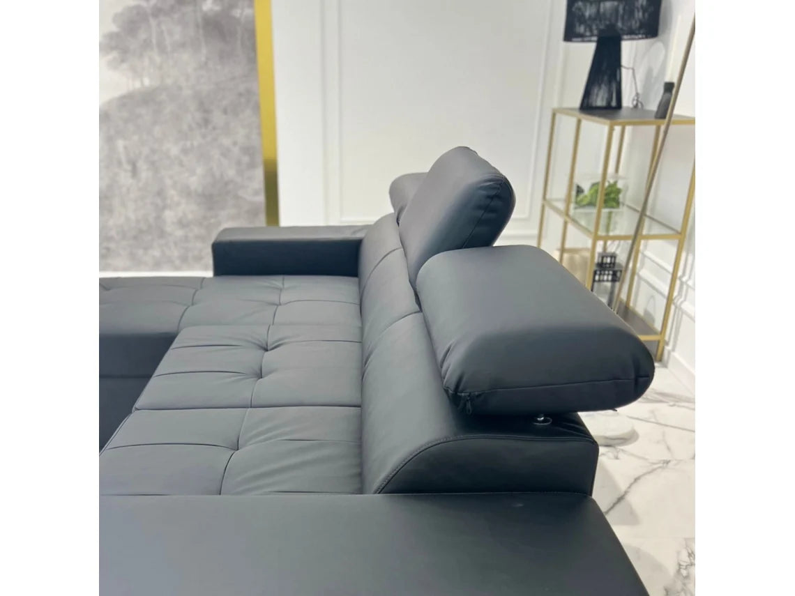 Sofá Cama 3 Lugares BUDWING John Preto + Chaise Longue + Cabeceira Ajustável + 2 Pufes (263 x 127 x 96 cm - Reversível Lado Direito/Esquerdo)